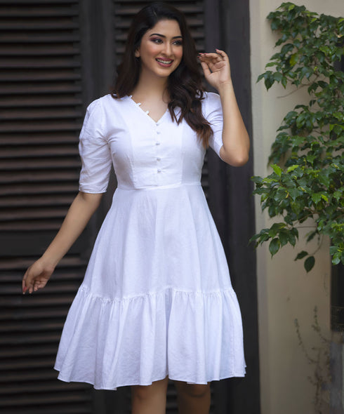 Buttons In the Neck-Line Linen Dress